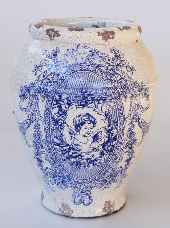 Blue & White Distressed Planter With Rim